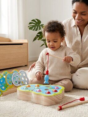 Wooden Magnetic Fishing Game, Montessori Pond Puzzle with 2 Rods